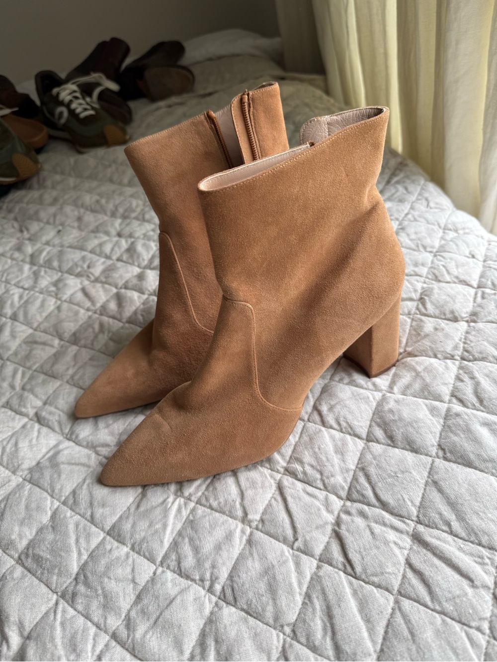 Stuart Weitzman Suede Pointed Toe Ankle Boots in Camel
